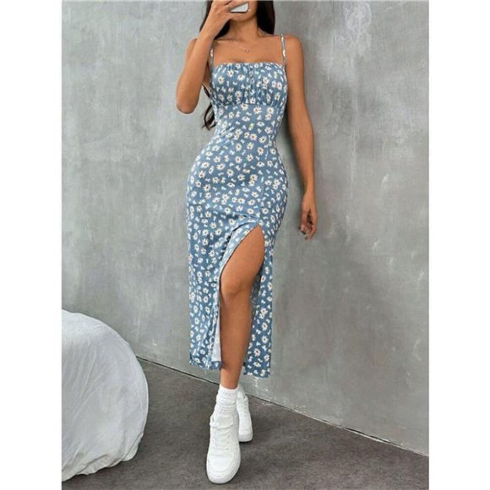 Floral Print High Slit Cami Dress